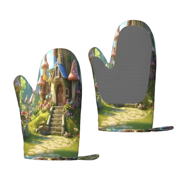 Hirioo Cute Mushroom Town A for Silicone Oven Mitts for BBQ, Baking, Cooking, Set of 2, Heat Resistant 260, Non-Slip Kitchen Essentials