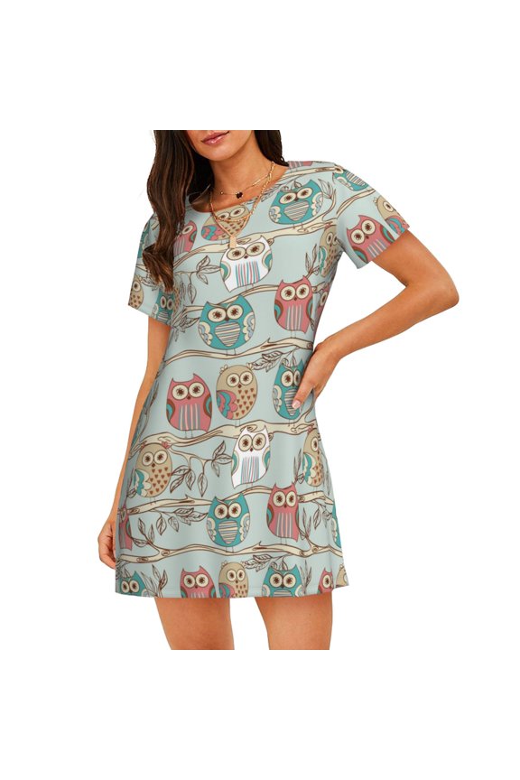 Cute Owl for Women’s Nightdress Comfortable Short Sleeve Nightwear Casual Sleep Dress