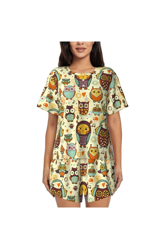 Cute Owls for Women's 2 Piece Short-Sleeved Pajama PJ Sets for Women Shorts with Pockets Womens Lounge Set-Large