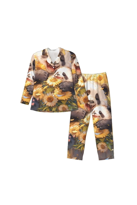 Cute Panda Sunflower for Men's Pajama Sets 2 Piece Pjs Men's Long-Sleeved Pajama Set Button Down Sleepwear,S-XXL-Large