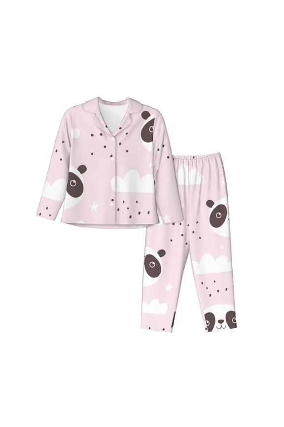 Cute Panda for Women's Pajama Sets 2 Piece Pjs Women's Long-Sleeved Pajama Set Button Down Sleepwear,S-XXL-X-Large