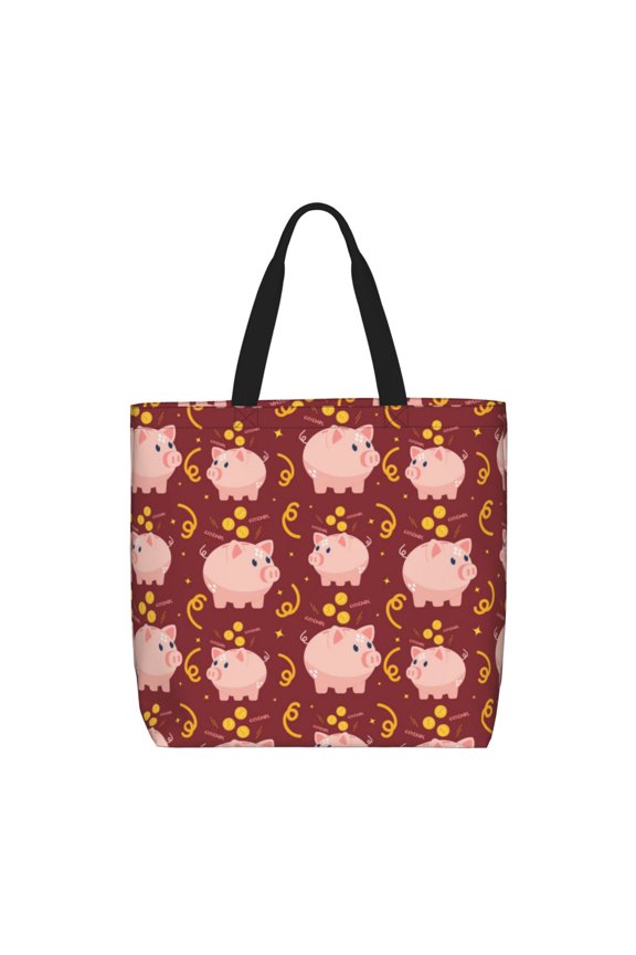 Cute Pig with Coins for Tote Bag for Women, Quilted Shoulder Bag with Zipper, Large Capacity Handbags for Casual, Travel, Work