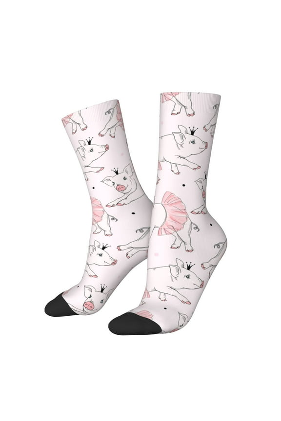 Cute Piggy Ballerina Pattern Adult Middle Tube Socks Breathable Sock Non-Pilling,Contrasting Color Design