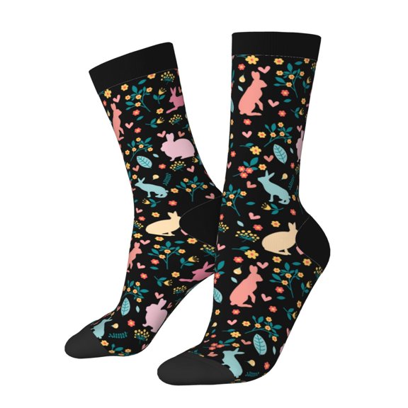 Hirioo Cute Rabbit And Flower Pattern Adult Middle Tube Socks Breathable Sock Non-Pilling,Contrasting Color Design