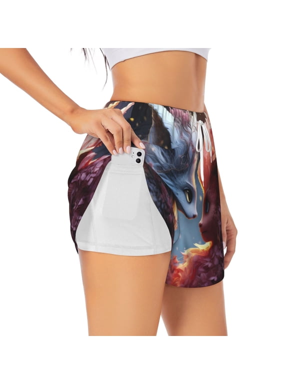Cute Red And White Elf for Women's Double Layer Athletic Shorts High-Performance Gym Shorts with Inner Pocket, Elastic Waistband-Medium
