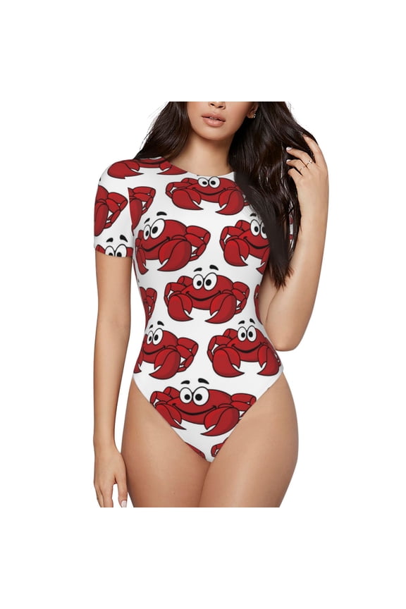 Cute Red Crab for Women's Round Neck Short-sleeved Onesie Basic Bodysuits-Large