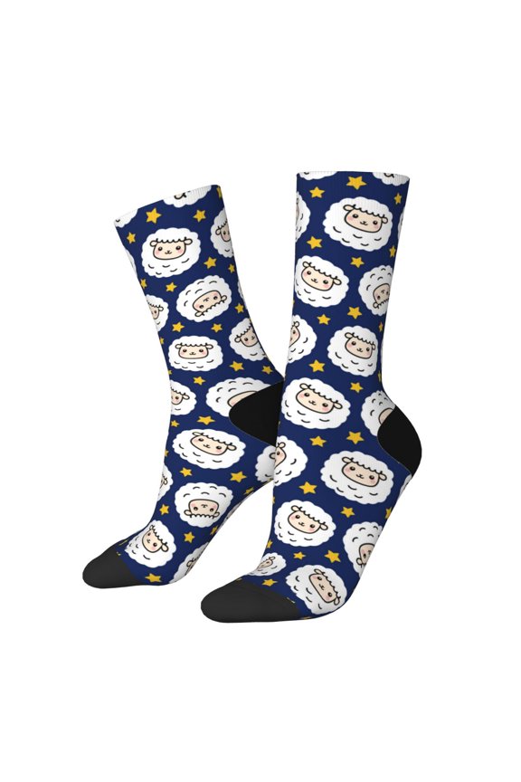 Cute Sheep With Star Pattern Adult Middle Tube Socks Breathable Sock Non-Pilling,Contrasting Color Design