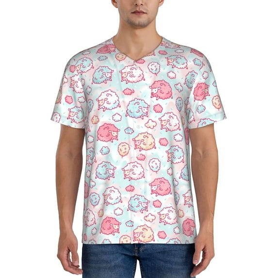 Hirioo Cute Sheep for Men's Baseball T-shirt Shirts Short Sleeve Casual Summer Button Stretch T Shirts,Size S-4XL-4X-Large