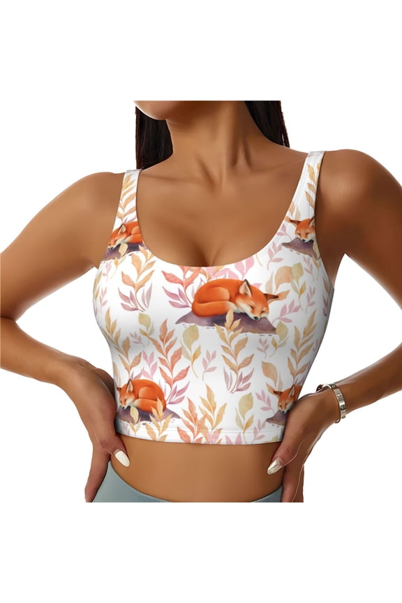 Cute Sleepy Fox for Women's Sports Vest with Full-Print Design, Stretchy Fabric and Removable Pads-Large