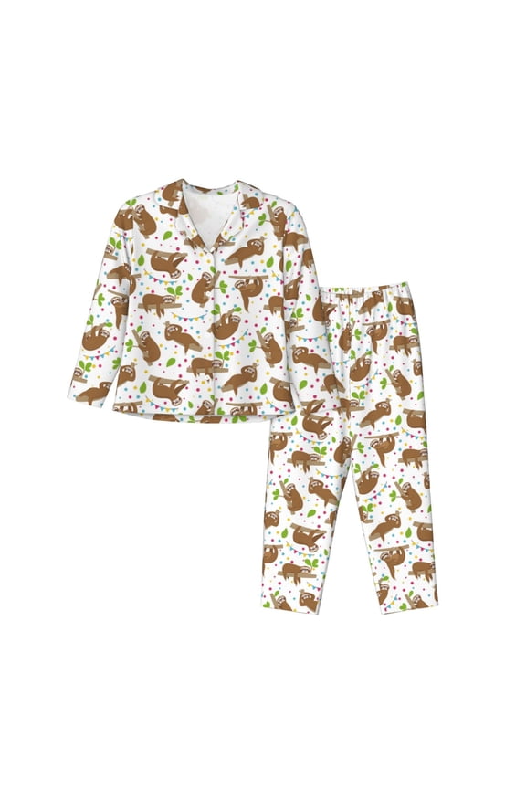 Cute Sloth for Women's Pajama Sets 2 Piece Pjs Women's Long-Sleeved Pajama Set Button Down Sleepwear,S-XXL-Medium