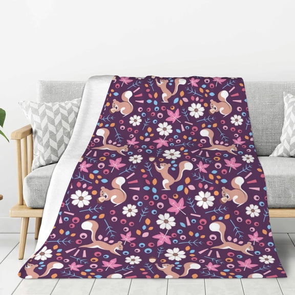 Hirioo Cute Squirrel Floral for Flannel Blanket, Cozy and Warm Throw for Bed or Couch ,Perfect for All Seasons-60"x50"