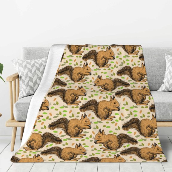 Hirioo Cute Squirrel with Green Leaves for Flannel Blanket, Cozy and Warm Throw for Bed or Couch ,Perfect for All Seasons-80"x60"
