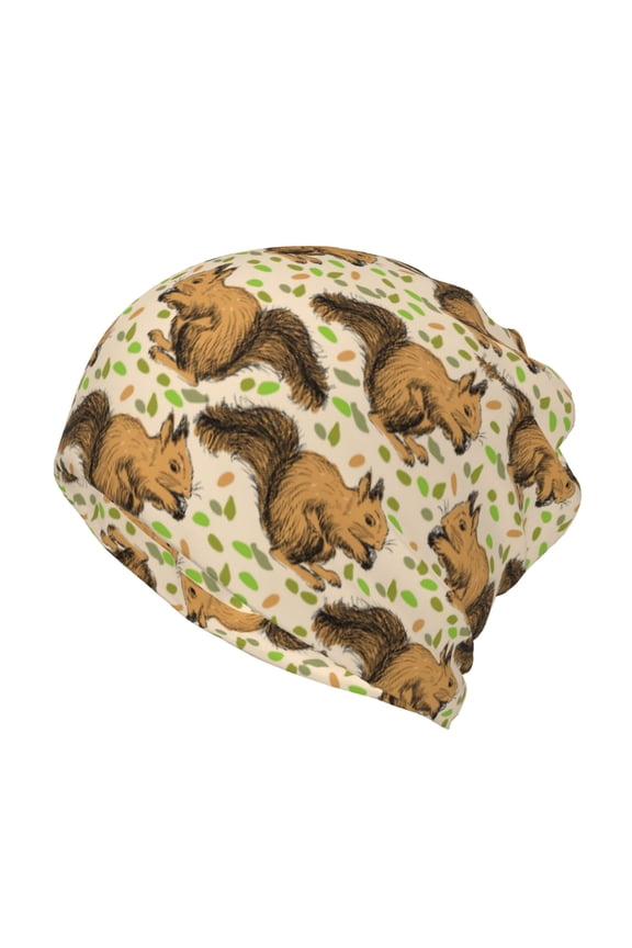 Cute Squirrel with Green Leaves for Multifunction Beanie Hat for Men and Women Unisex for Winter Sports, Outdoor Activities, and Daily Wear