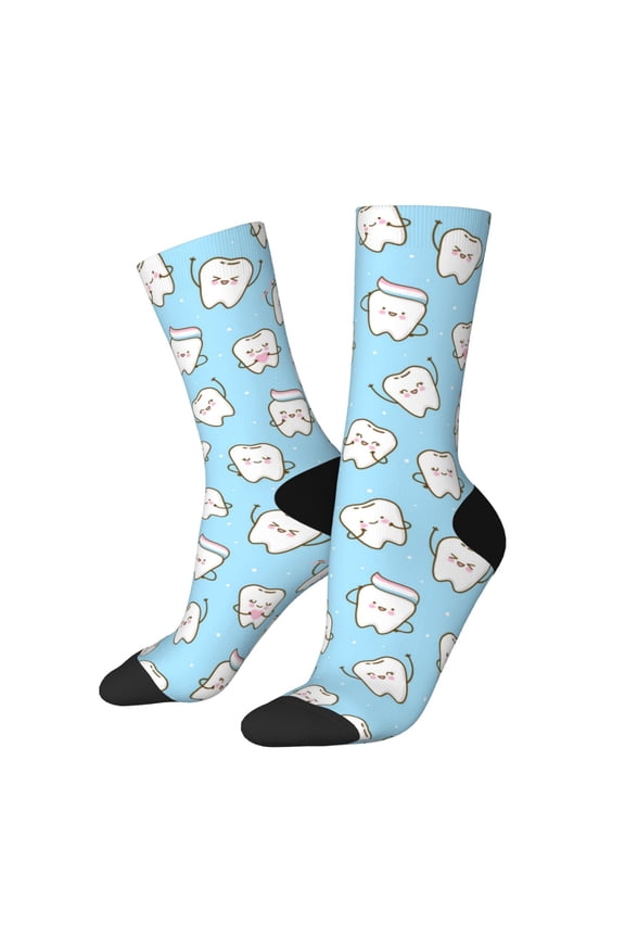 Cute Teeth Pattern Adult Middle Tube Socks Breathable Sock Non-Pilling,Contrasting Color Design