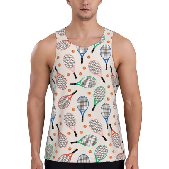 Hirioo Cute Tennis Racket for Men's Workout Tank Top Sleeveless Shirts Quick Dry for Men-Large