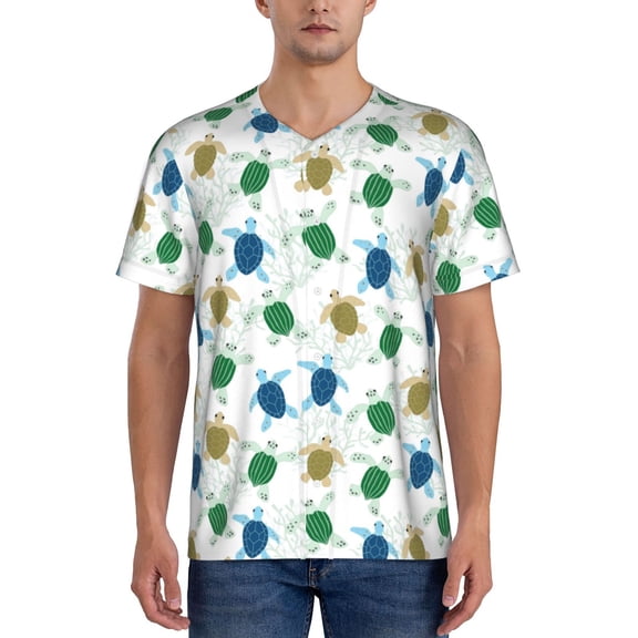 Hirioo Cute Turtle for Men's Baseball T-shirt Shirts Short Sleeve Casual Summer Button Stretch T Shirts,Size S-4XL-Large