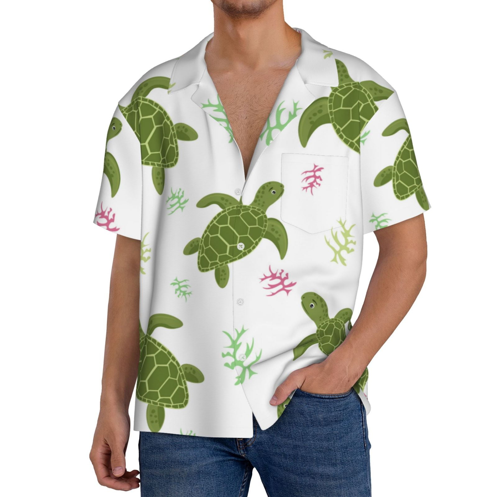 Hirioo Cute Turtle for Men's Cuban Collar Short Sleeve Shirt Button ...
