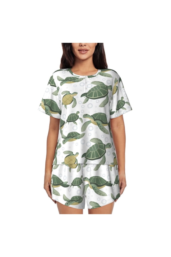 Cute Turtle for Women's 2 Piece Short-Sleeved Pajama PJ Sets for Women Shorts with Pockets Womens Lounge Set-3X-Large