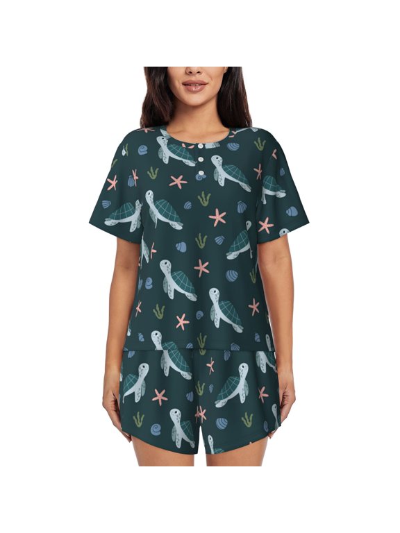 Cute Turtle for Women's 2 Piece Short-Sleeved Pajama PJ Sets for Women Shorts with Pockets Womens Lounge Set-4X-Large
