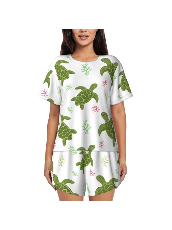 Cute Turtle for Women's 2 Piece Short-Sleeved Pajama PJ Sets for Women Shorts with Pockets Womens Lounge Set-Medium