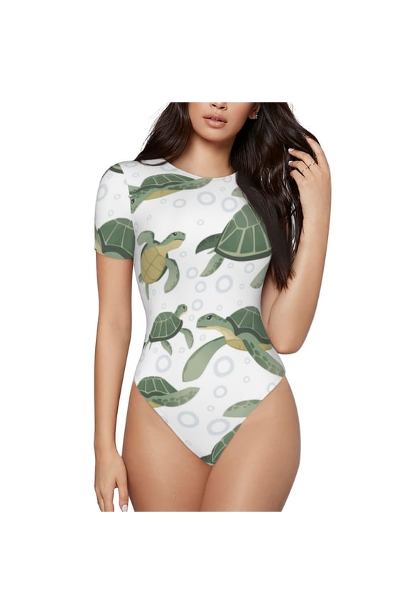 Cute Turtle for Women's Round Neck Short-sleeved Onesie Basic Bodysuits-X-Large
