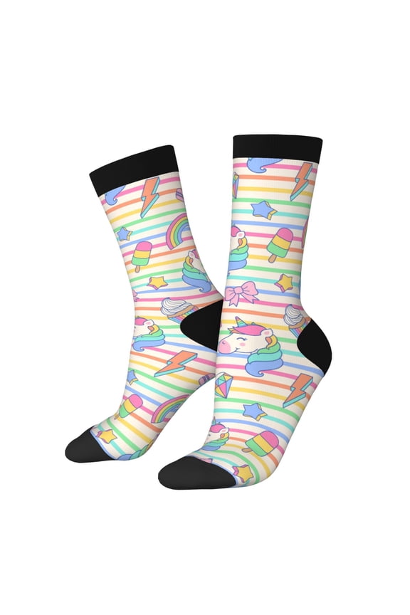 Cute Unicorn Pattern Adult Middle Tube Socks Breathable Sock Non-Pilling,Contrasting Color Design