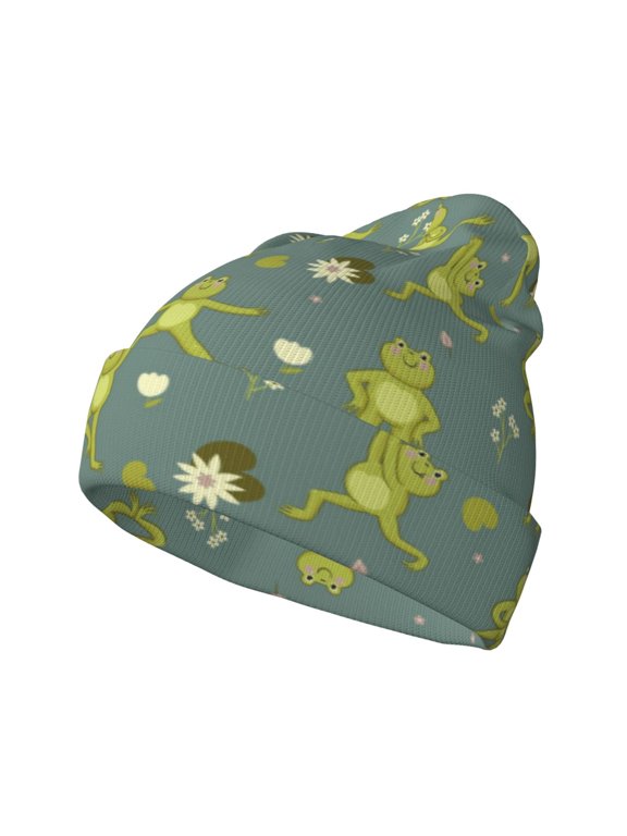 Cute Yoga Frogs for Men's Knit Cuffed Beanie for Outdoor Activities Unisex