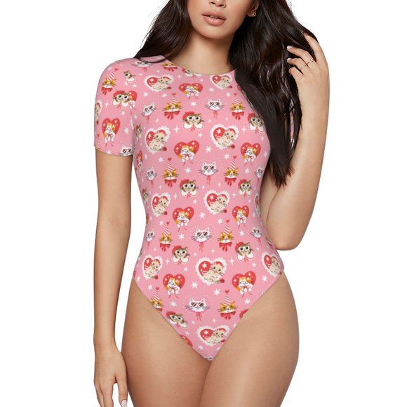 Hirioo Cute cartoon cats for Women's Round Neck Short-sleeved Onesie Basic Bodysuits-X-Large
