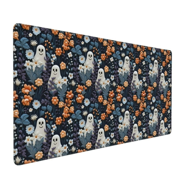 Hirioo Cute ghost in the flowers for Mouse Pad ,Anti-Slip Base, Durable Stitched Edges, Perfect for Gaming, Office, and Home Use,16x35.5in