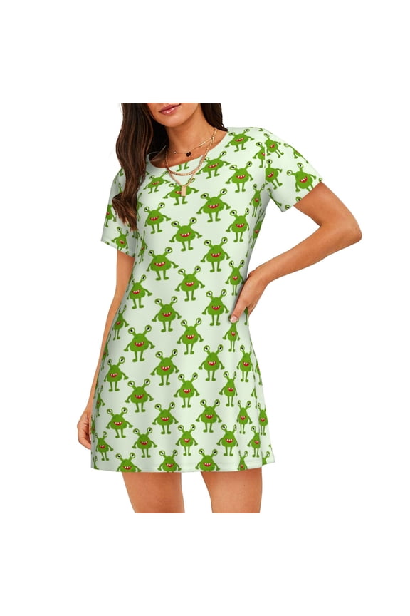 Cute green monster for Women’s Nightdress Comfortable Short Sleeve Nightwear Casual Sleep Dress