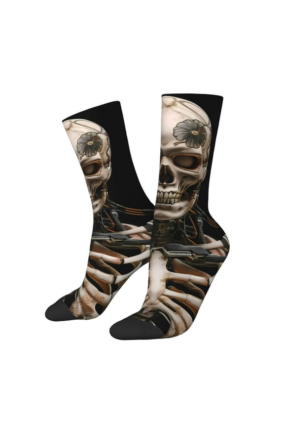 Cyber Skeleton With Tattoos Pattern Adult Middle Tube Socks Breathable Sock Non-Pilling,Contrasting Color Design