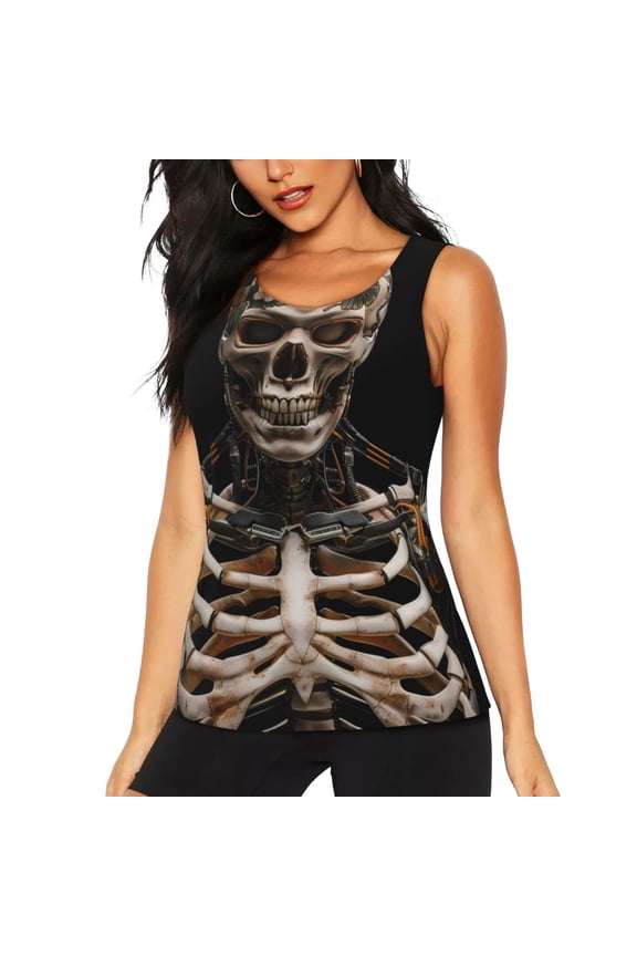 Cyber Skeleton With Tattoos for Women's Workout Tank Top Sleeveless Workout Tops Athletic Gym Shirts-Medium