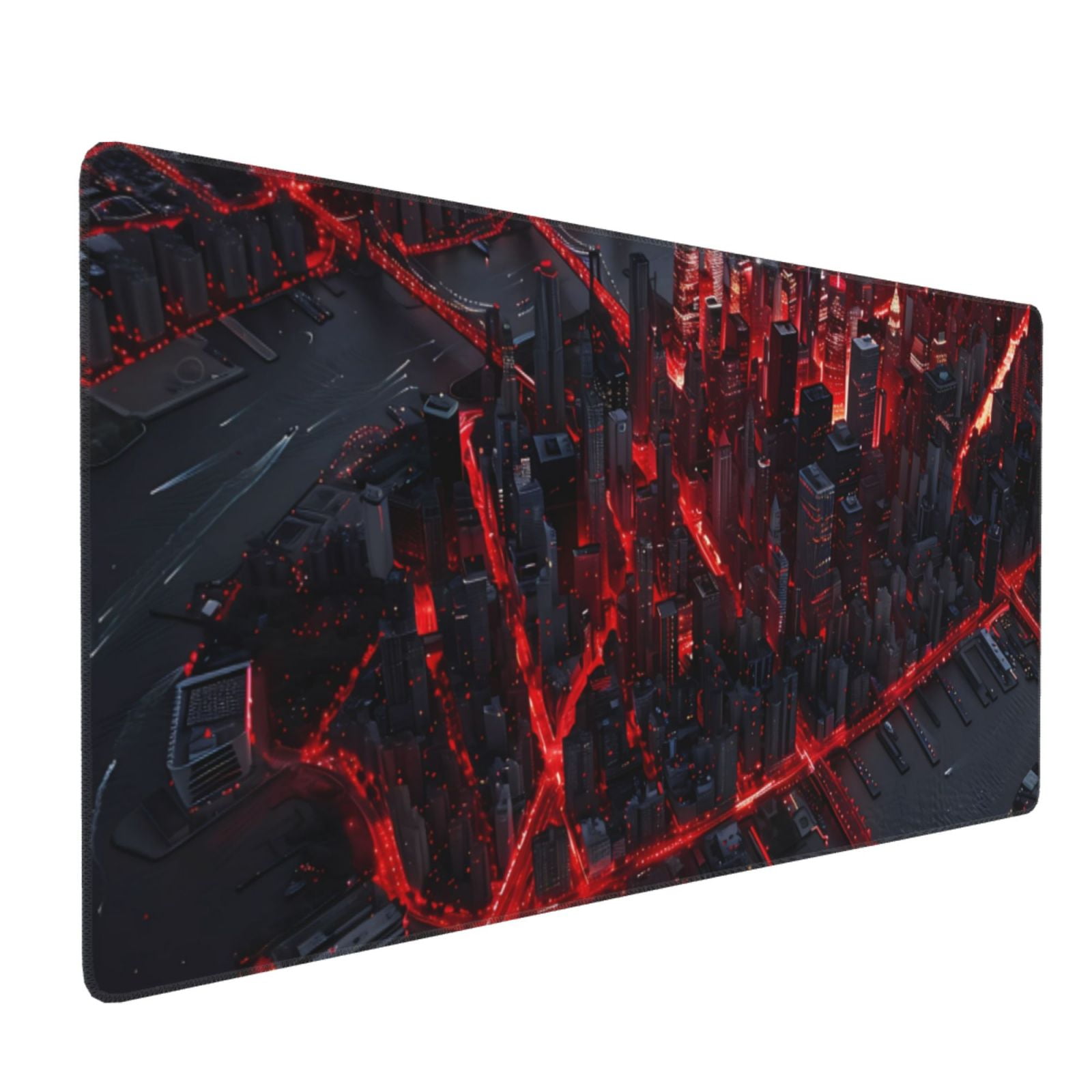 Hirioo Cyberpunk Cityscape Lights for Mouse Pad ,Anti-Slip Base, Durable Stitched Edges, Perfect for Gaming, Office, and Home Use,16x35.5in