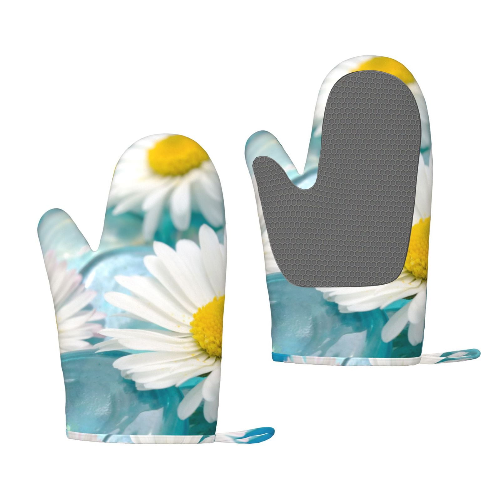 Hirioo Daisy Flowers for Silicone Oven Mitts for BBQ, Baking, Cooking, Set of 2, Heat Resistant 260℃, Non-Slip Kitchen Essentials