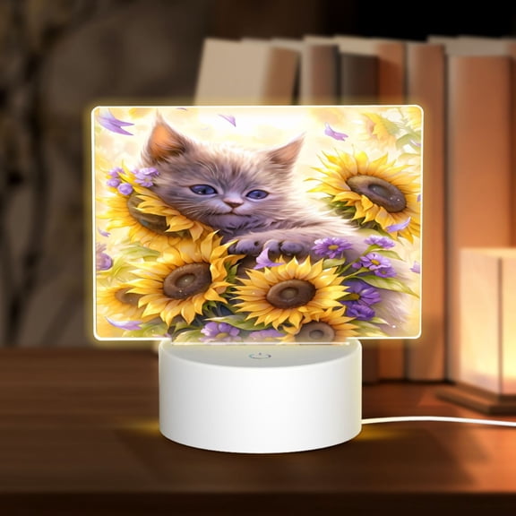 Hirioo Daisy Sunflower Lazy Cat for Rectangular Acrylic with Night Light Best Gifts for Lover Girl Mom, Valentine's Day Anniversary Birthday Wedding Present