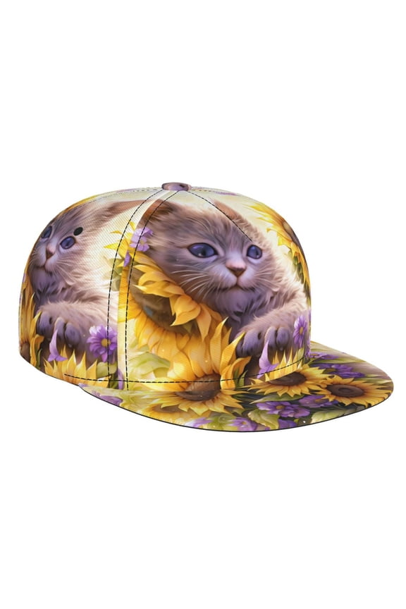 Daisy Sunflower Lazy Cat for Baseball Cap Men Cap Flat Brim for Men Women Teens Adjustable Baseball Cap