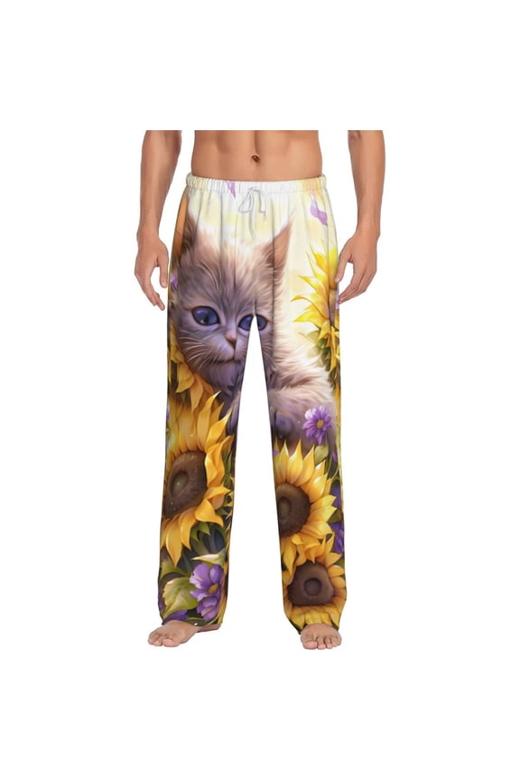 Daisy Sunflower Lazy Cat for Women's PJ Pajama Pants Sleep Pants Women's Home Trousers with Pockets,S-3XL-3X-Large