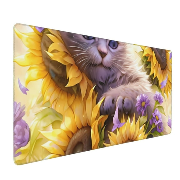 Hirioo Daisy Sunflower Lazy Cat for Mouse Pad ,Anti-Slip Base, Durable Stitched Edges, Perfect for Gaming, Office, and Home Use,16x35.5in