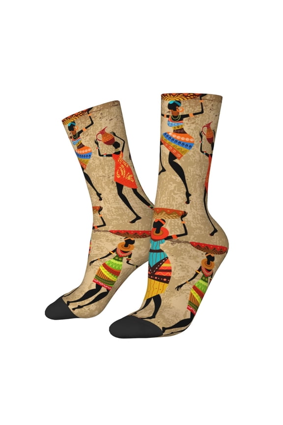 Dancing African Women Pattern Adult Middle Tube Socks Breathable Sock Non-Pilling,Contrasting Color Design