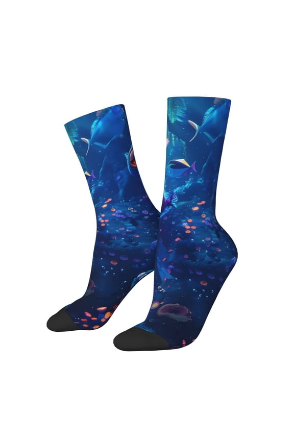 Deep Sea Glowing Fishes Pattern Adult Middle Tube Socks Breathable Sock Non-Pilling,Contrasting Color Design