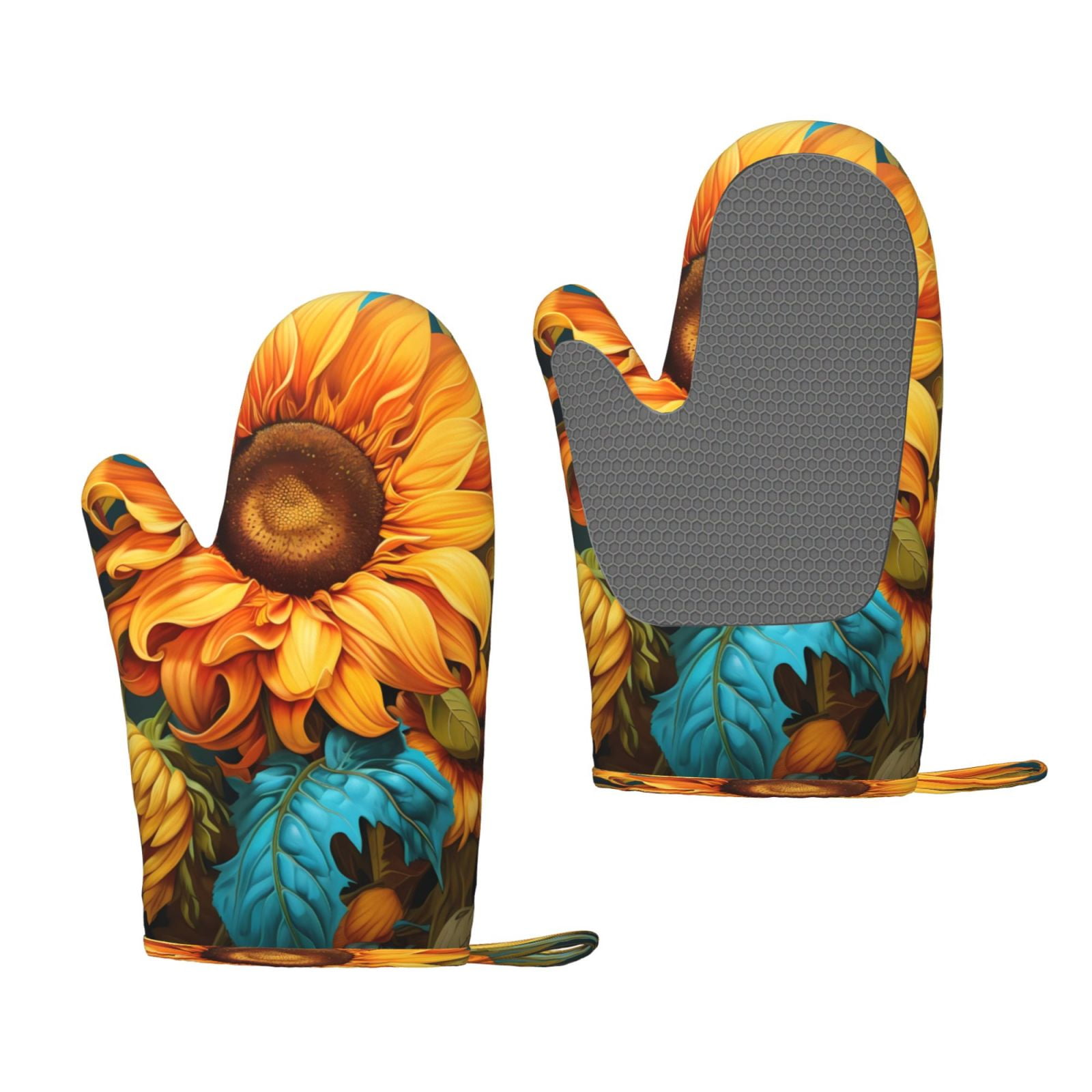 Hirioo Deep Yellow Colorful Sunflower for Silicone Oven Mitts for BBQ, Baking, Cooking, Set of 2, Heat Resistant 260℃, Non-Slip Kitchen Essentials
