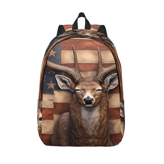 Hirioo Deer American Flag Wall Canvas Backpack, Durable Travel Backpack with Multiple Compartments,Large Capacity, Backpack for School, Hiking, Work