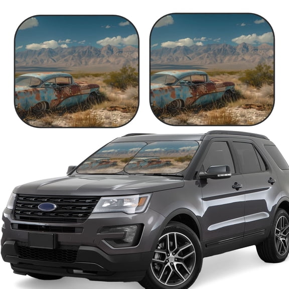 Hirioo Deserted Classic Car Landscape for 2PCS Windshield Sun Shade Foldable | Front Windshield Shade for Sun, Heat and UV Rays-Large