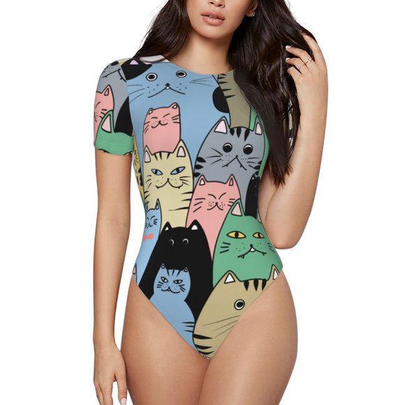 Hirioo Different Cats for Women's Round Neck Short-sleeved Onesie Basic Bodysuits-Small