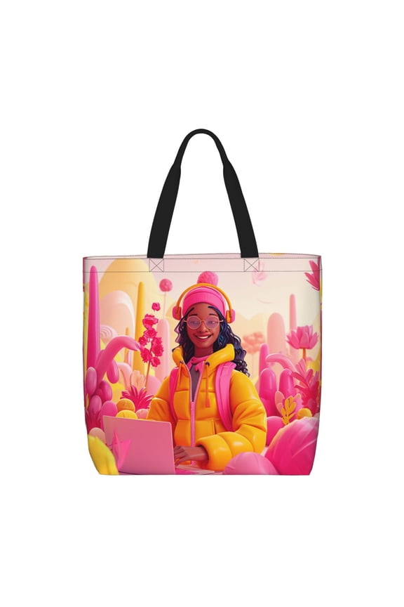 Digital Nomad Pink Landscape for Tote Bag for Women, Quilted Shoulder Bag with Zipper, Large Capacity Handbags for Casual, Travel, Work
