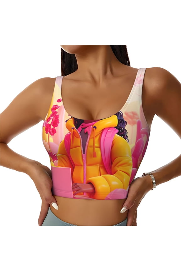 Digital Nomad Pink Landscape for Women's Sports Vest with Full-Print Design, Stretchy Fabric and Removable Pads-Large