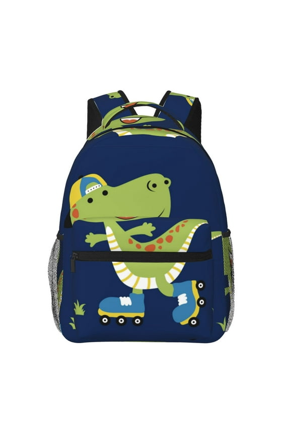 Dino Playing Roller Skate Print Laptop Backpack Lightweight Casual Travel Daypack for College Workplace Travel