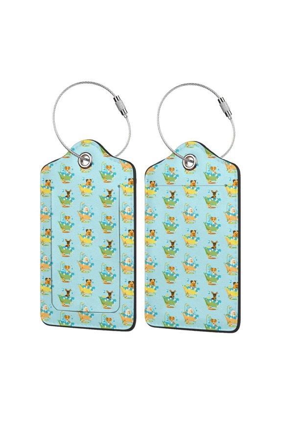 Doggy In Bubble Bath Print Leather Luggage Tag with Stainless Steel Loop ,Privacy Flap and Address Card for Travel Bag Suitcase-1