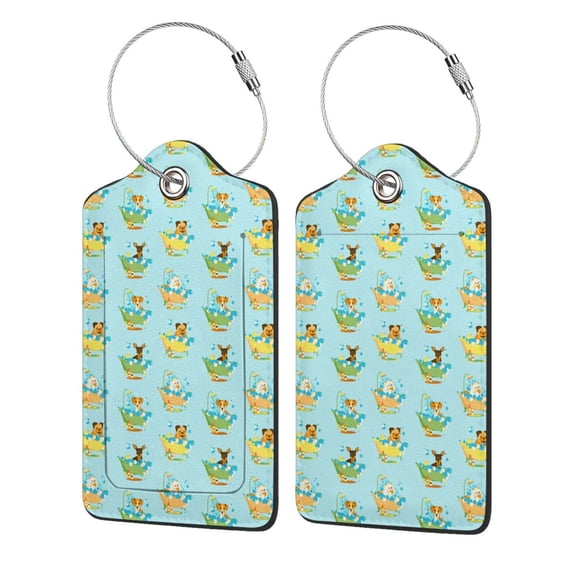 Hirioo Doggy In Bubble Bath Print Leather Luggage Tag with Stainless Steel Loop ,Privacy Flap and Address Card for Travel Bag Suitcase-1