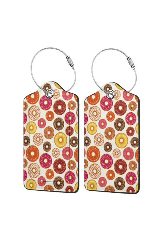 Donut Print Leather Luggage Tag with Stainless Steel Loop ,Privacy Flap and Address Card for Travel Bag Suitcase-4 PCS